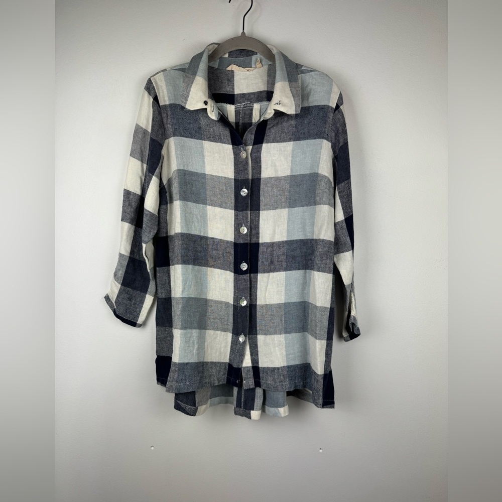 Soft Surroundings Carreaux Blue Plaid Linen Blend Button Down Zip Back Top, Sz M